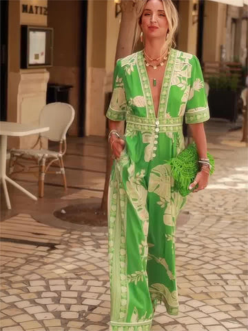 2024 New Fashion Women's Printed Jumpsuit V-Neck Short-Sleeved Woman